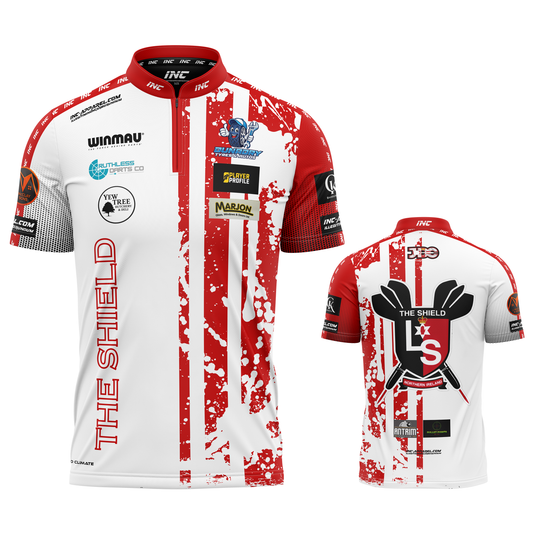 Official Lee Shields Red and White Darts Shirt from INC-APPAREL – professional performance darts shirt with player branding.