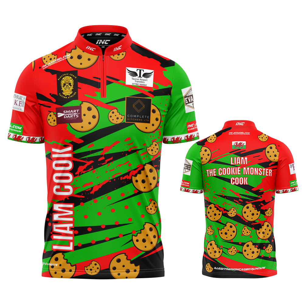 Official Liam Cook darts shirt black version front view professional performance dart shirt