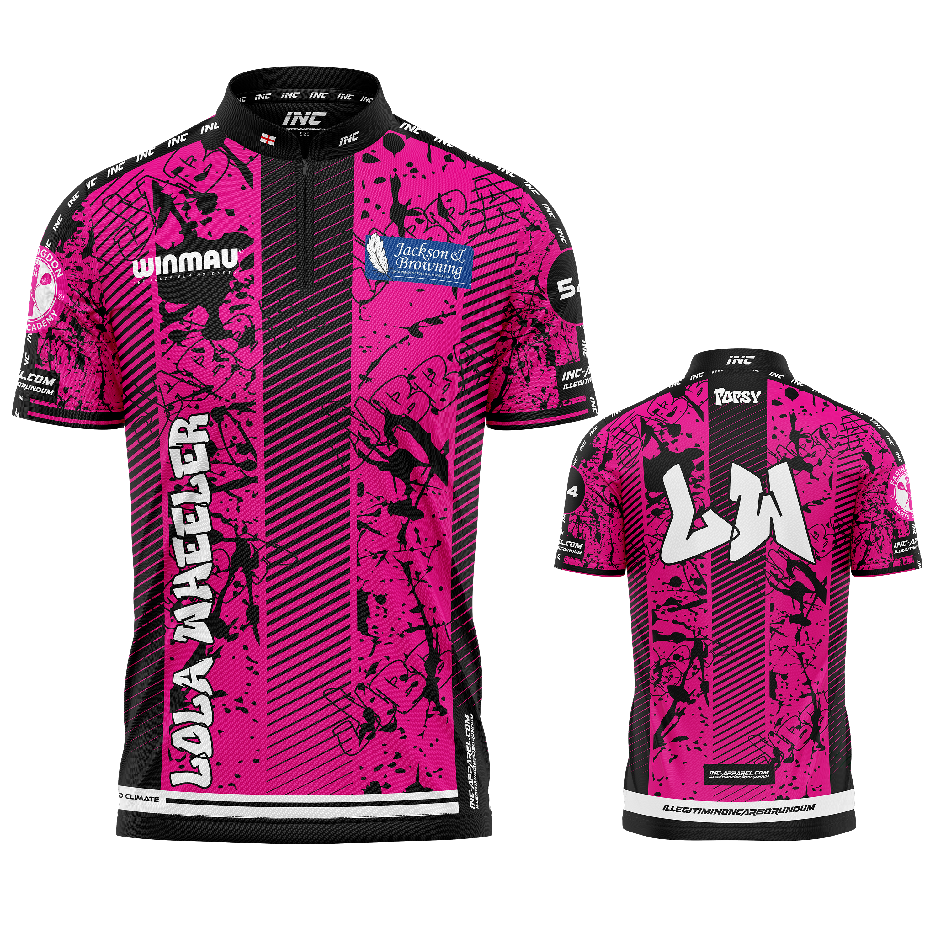 Official Lola Wheeler Black and Pink Darts Shirt from INC-APPAREL – performance darts shirt with signature Lola Wheeler black and pink design.