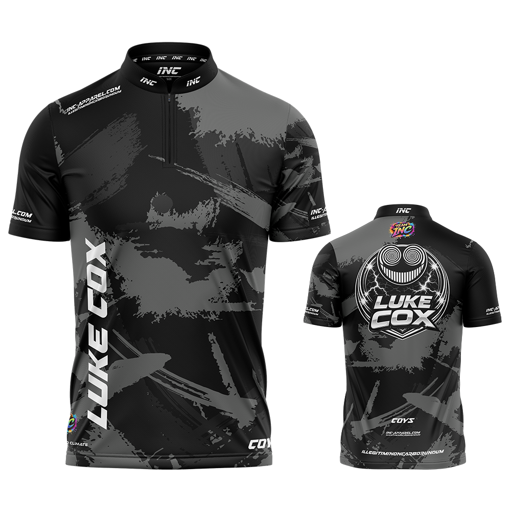 Official Luke Cox Black and White Darts Shirt from INC-APPAREL – player edition performance darts shirt with official branding.