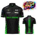 Official Macy Gibbon neon green black darts shirt front and back view competition dart shirt