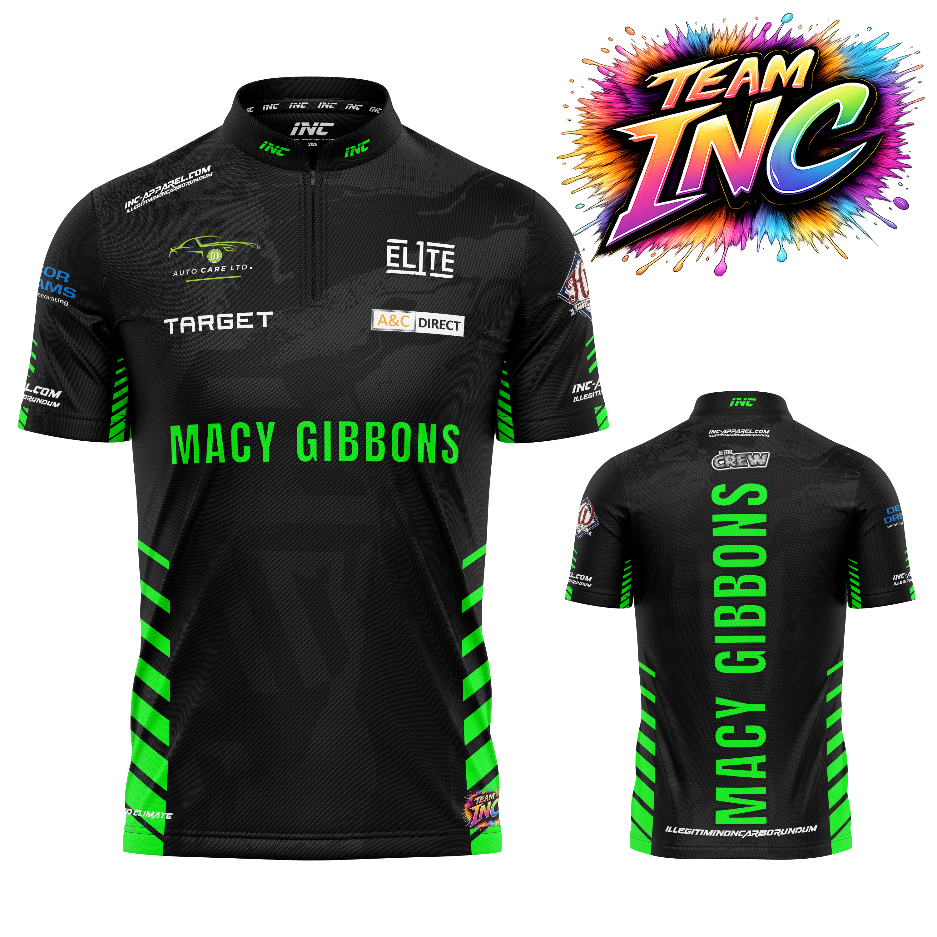 Official Macy Gibbon neon green black darts shirt front and back view competition dart shirt
