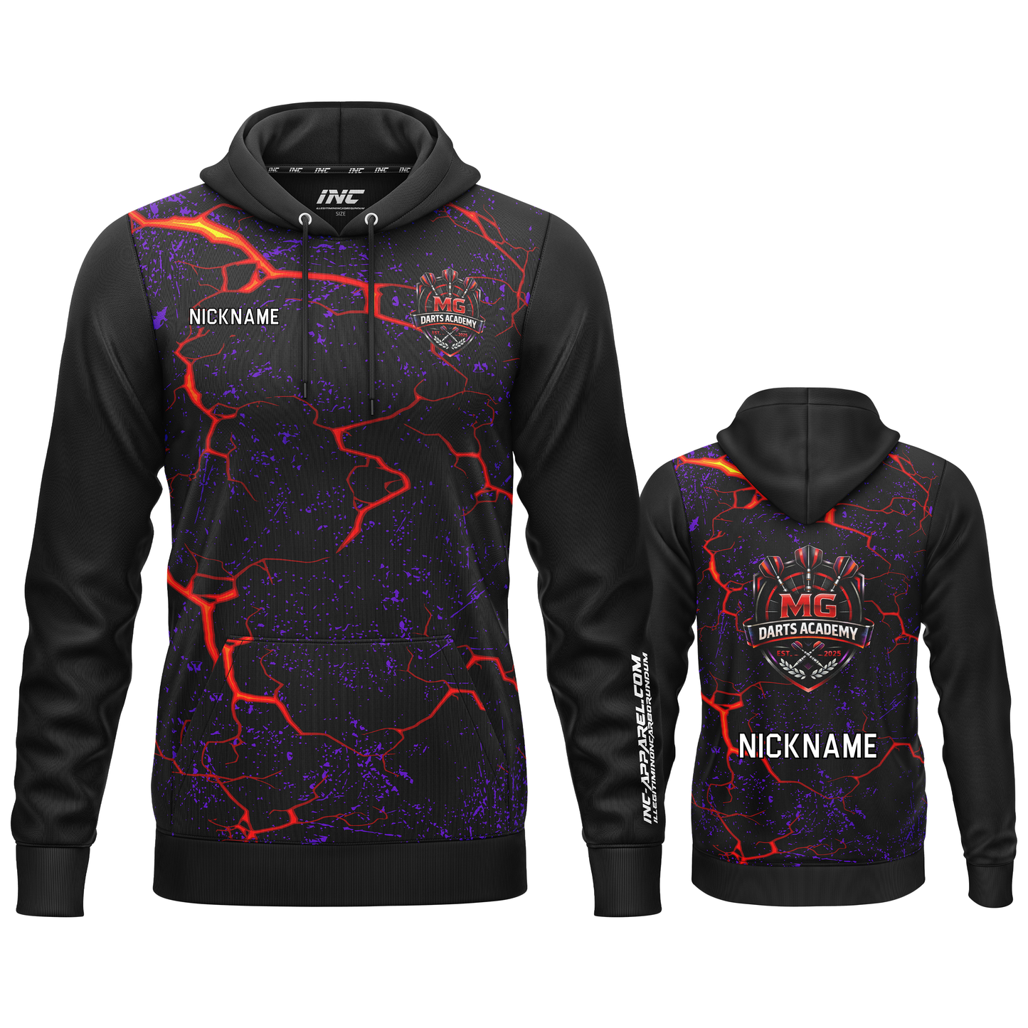 Official MG Darts Academy hoodie detail view academy logo and fabric from INC-APPAREL