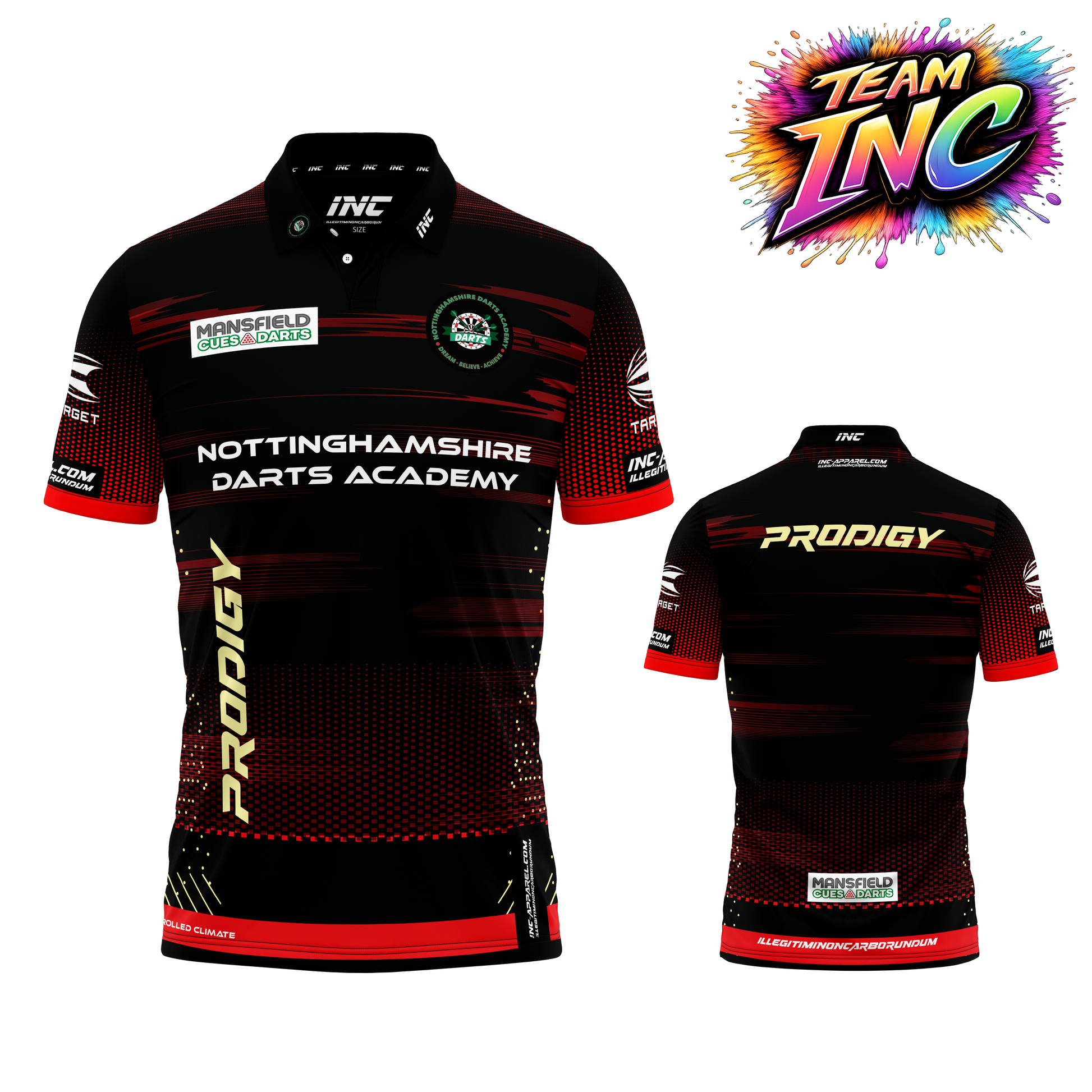 Official Nottinghamshire Darts Academy Prodigy Shirt from INC-APPAREL – performance academy darts shirt with Prodigy branding.