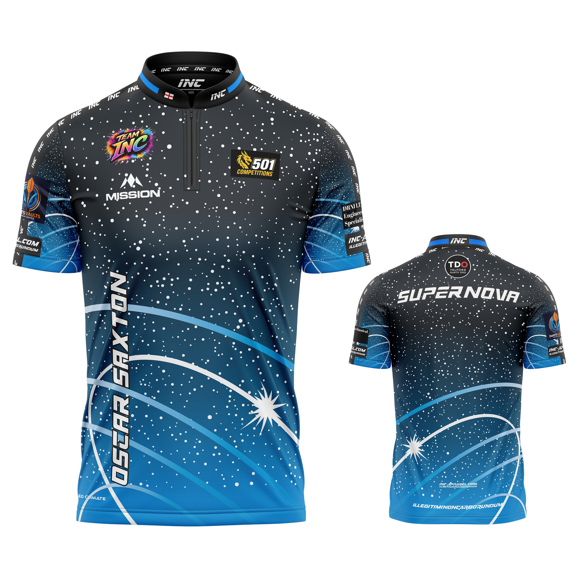 Official Oscar Saxton performance darts shirt from INC-APPAREL