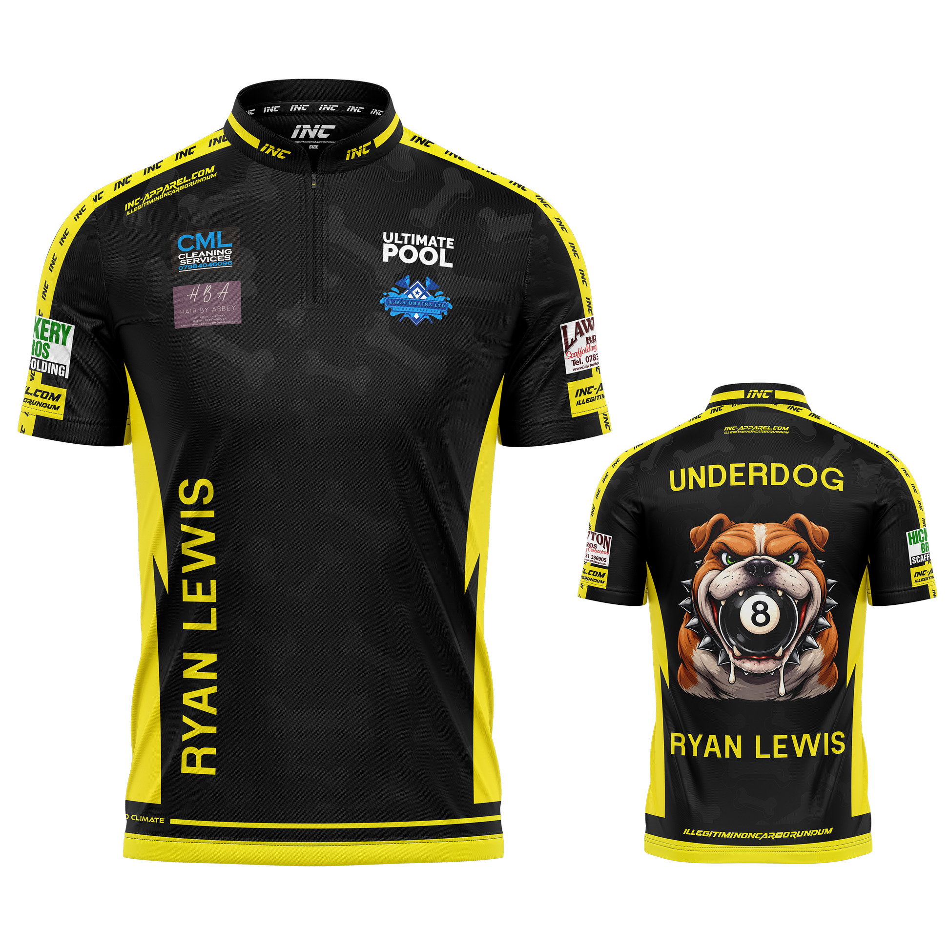 Official Ryan Lewis pool shirt both views professional performance pool shirt from INC-APPAREL