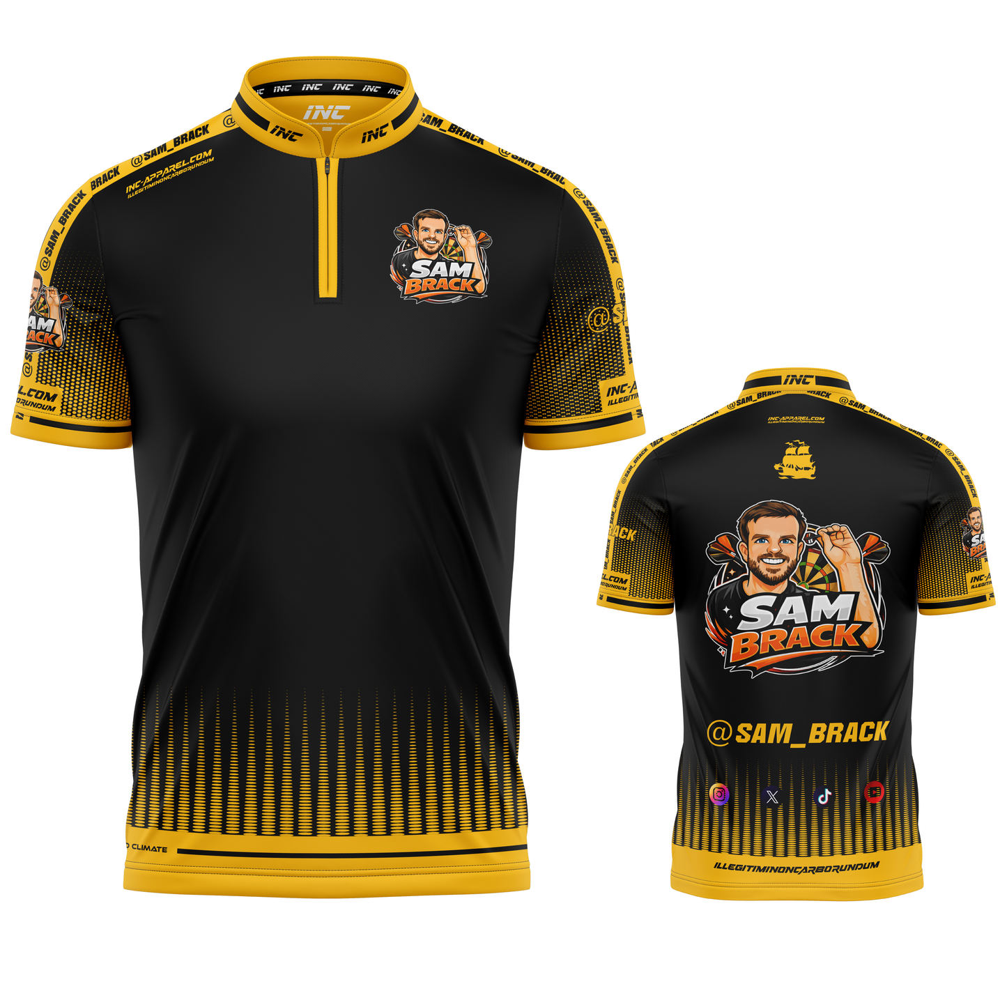 Official Sam Brack Black Darts Shirt from INC-APPAREL – professional performance darts shirt with player branding.