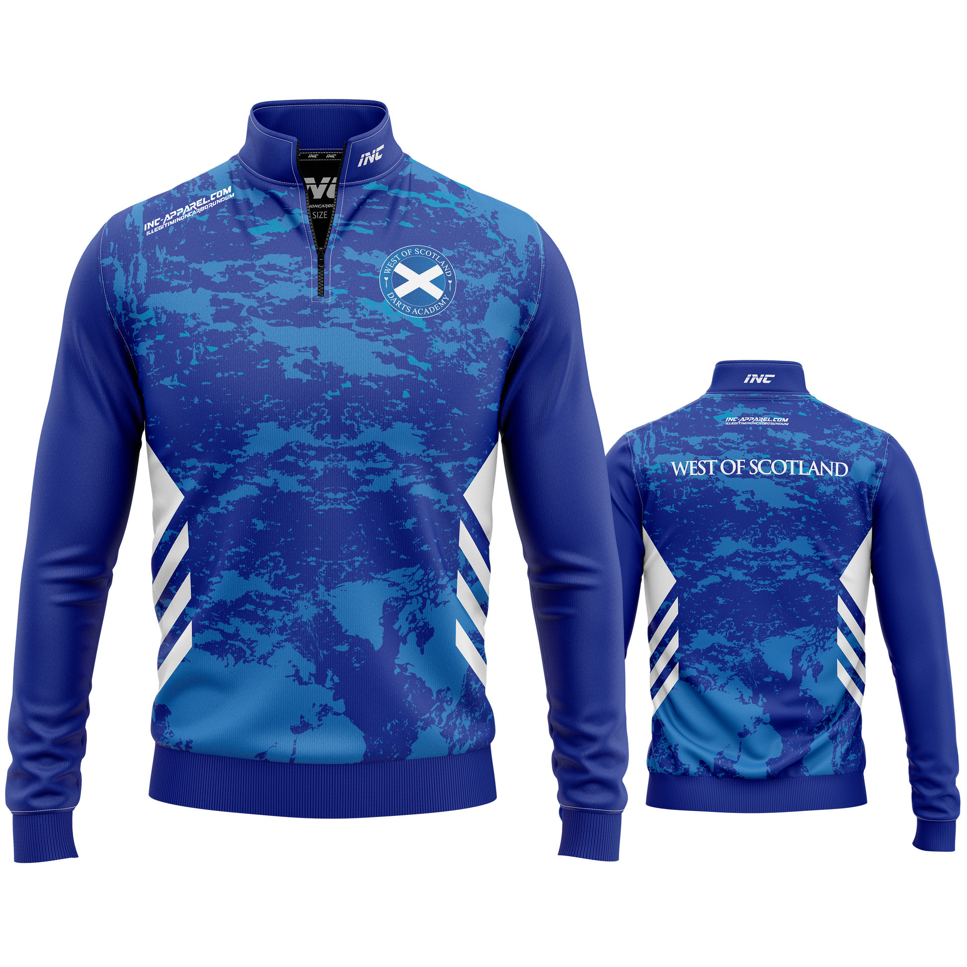 Official West of Scotland Darts Academy Quarter Zip Midlayer from INC-APPAREL – performance academy darts midlayer with official branding.