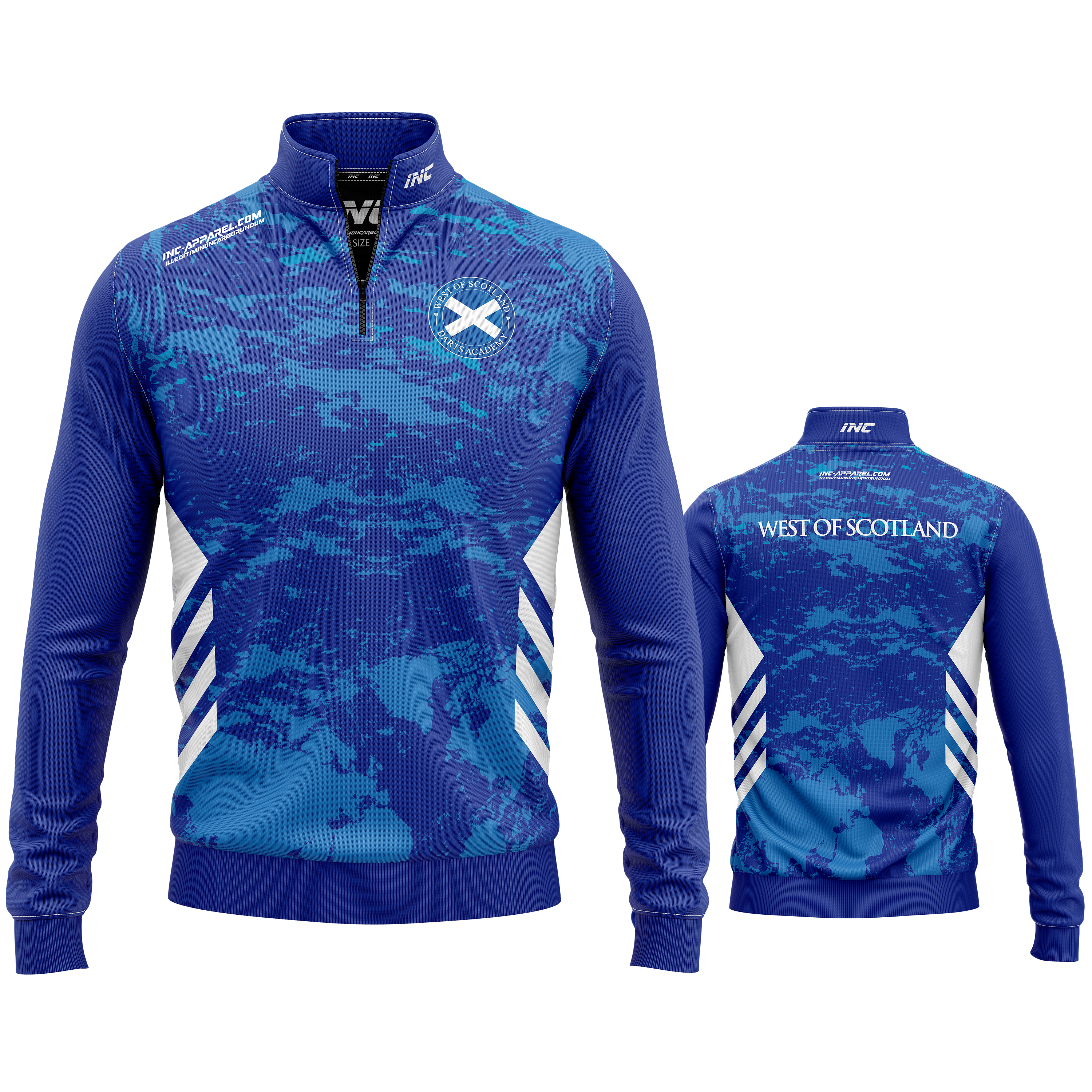 Official West of Scotland Darts Academy Quarter Zip Midlayer from INC-APPAREL – performance academy darts midlayer with official branding.