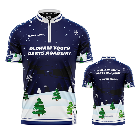 Combined front and back view of the Official Oldham Youth Darts Academy PRO1 Christmas Darts Shirt, festive edition from INC-APPAREL