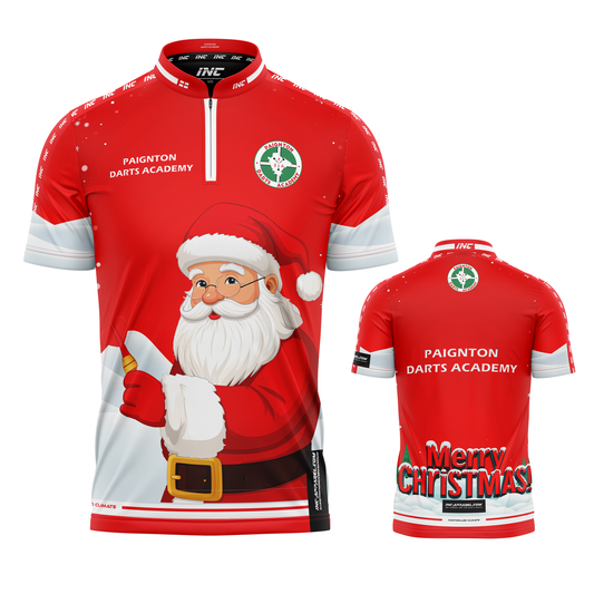 Combined front and back view of the Official Paignton Darts Academy Christmas Darts Shirt from INC-APPAREL