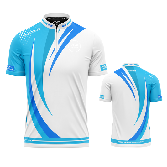 Percutere Blue darts and pool shirt front and back view performance competition shirt from INC-APPAREL