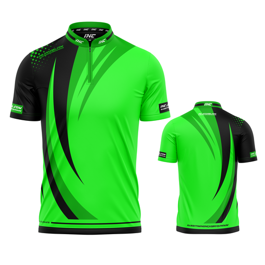 Percutere Green darts and pool shirt front and back view performance competition shirt from INC-APPAREL