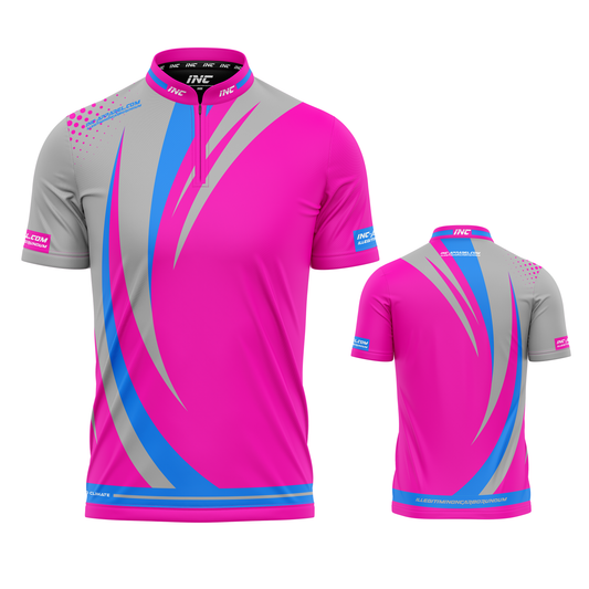 Percutere Pink darts and pool shirt front and back view performance competition shirt from INC-APPAREL
