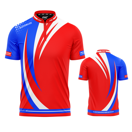 Percutere Red darts and pool shirt front and back view performance competition shirt from INC-APPAREL