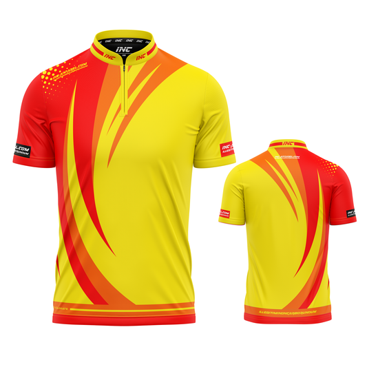 Percutere Yellow darts and pool shirt front and back view performance competition shirt from INC-APPAREL