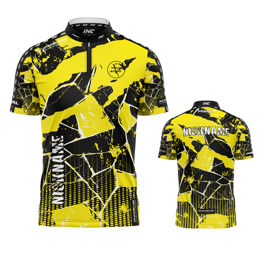 Primal Flavus Darts Shirt from INC-APPAREL – performance darts shirt with yellow Primal-themed design.