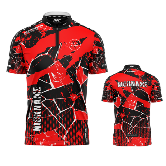 Primal Ruber Darts Shirt from INC-APPAREL – performance darts shirt with red Primal-themed design.