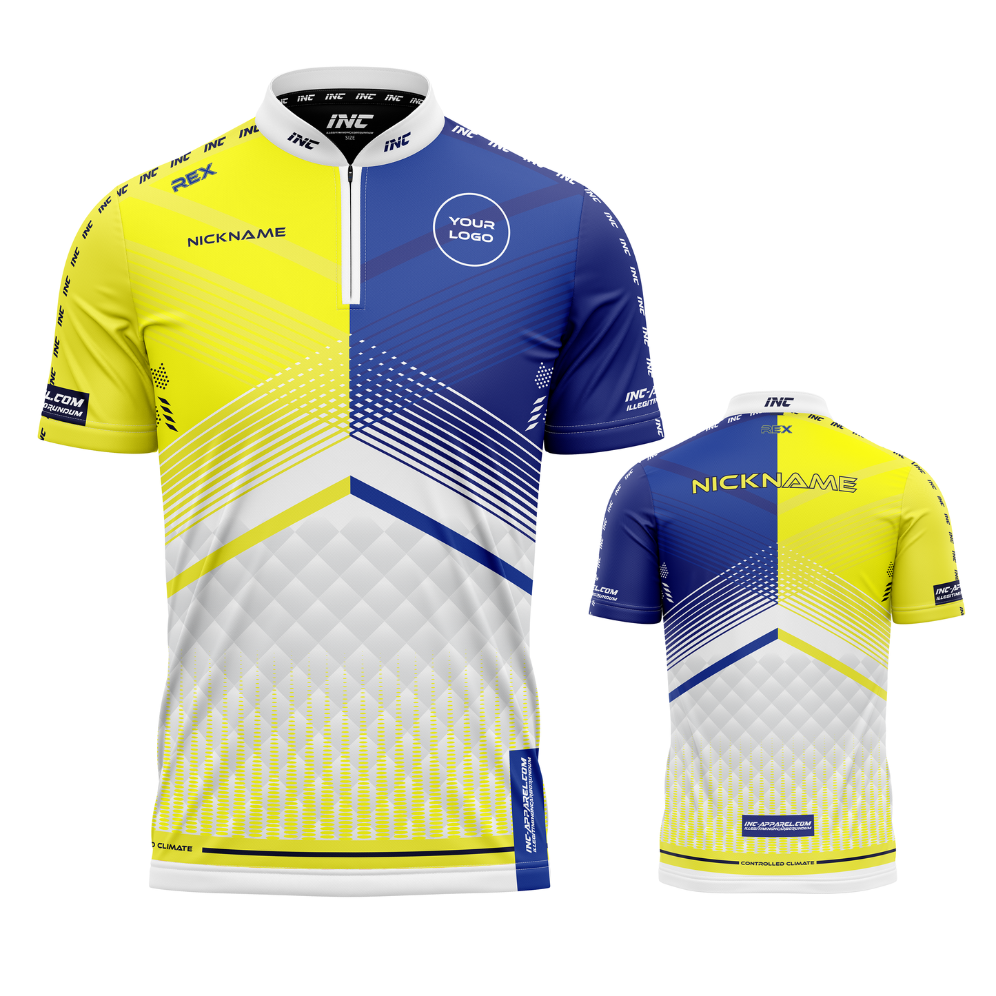 Rex Yellow and Blue Custom Pool Shirt from INC-APPAREL – performance pool shirt with bold yellow-and-blue design and breathable athletic fabric.