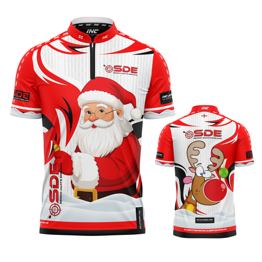 Combined front and back view of the Official Senior Darts England Christmas Darts Shirt from INC-APPAREL, personalised with player name