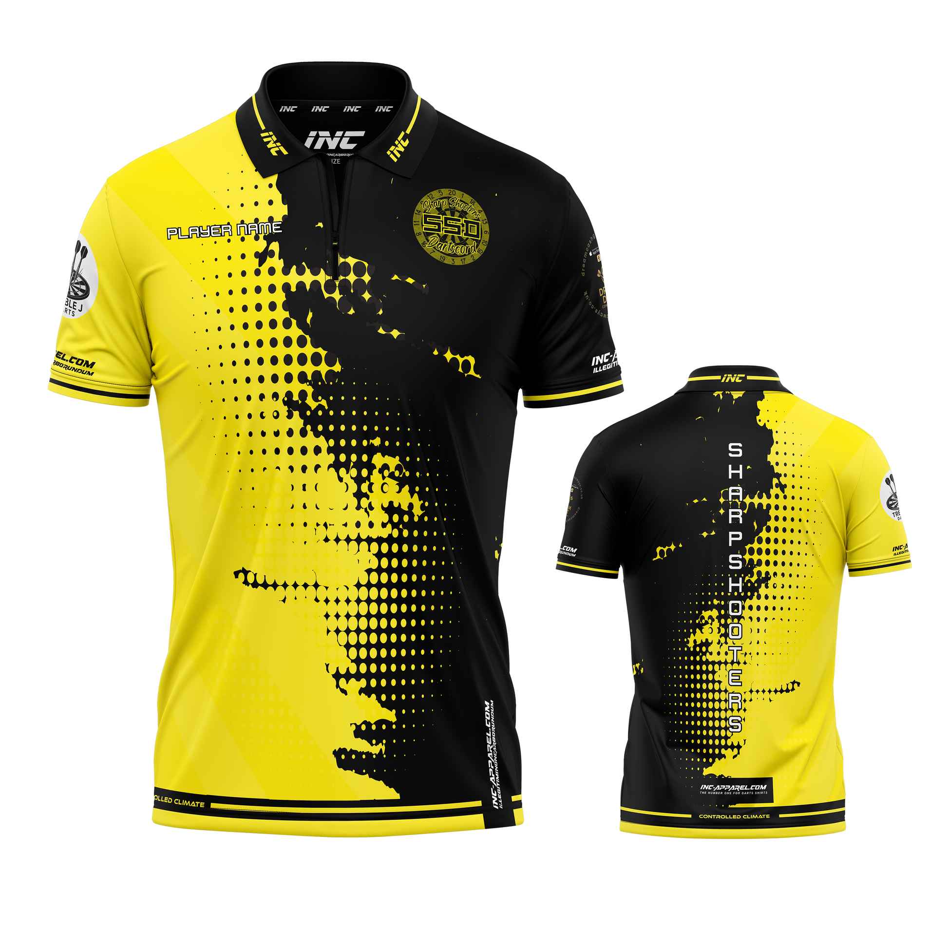 SharpShooters Discord Darts Shirt from INC-APPAREL – made-to-order performance darts shirt with breathable fabric, PRO1 collar, and official design.