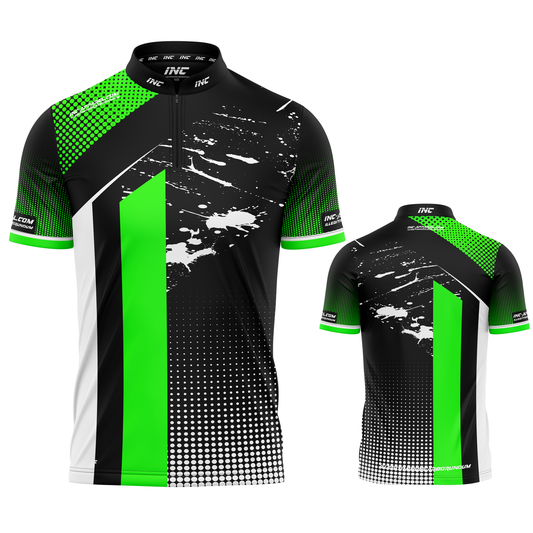 Suspensus Neon Green White Black Darts and Pool Shirt by INC-APPAREL – high visibility breathable performance darts shirt