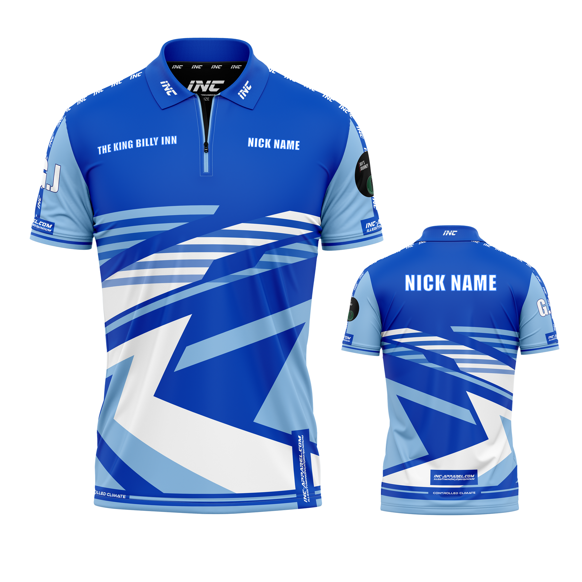 The King Billy Inn Darts Shirt from INC-APPAREL – made-to-order performance darts shirt with breathable fabric, PRO1 collar, and team colours.