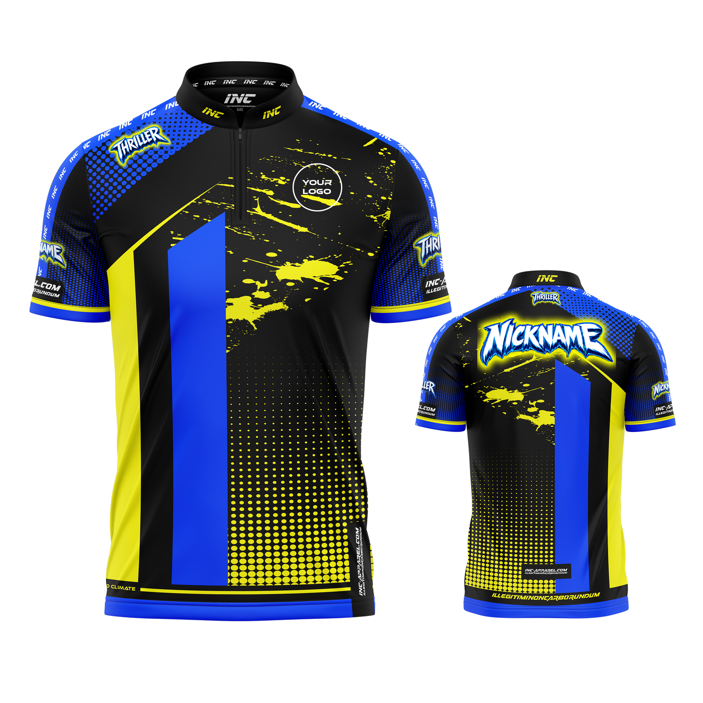 Thriller Blue Yellow Black Darts/Pool Shirt from INC-APPAREL – performance shirt with bold blue, yellow and black design for darts and pool players.