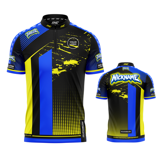 Thriller Blue Yellow Black Darts/Pool Shirt from INC-APPAREL – performance shirt with bold blue, yellow and black design for darts and pool players.