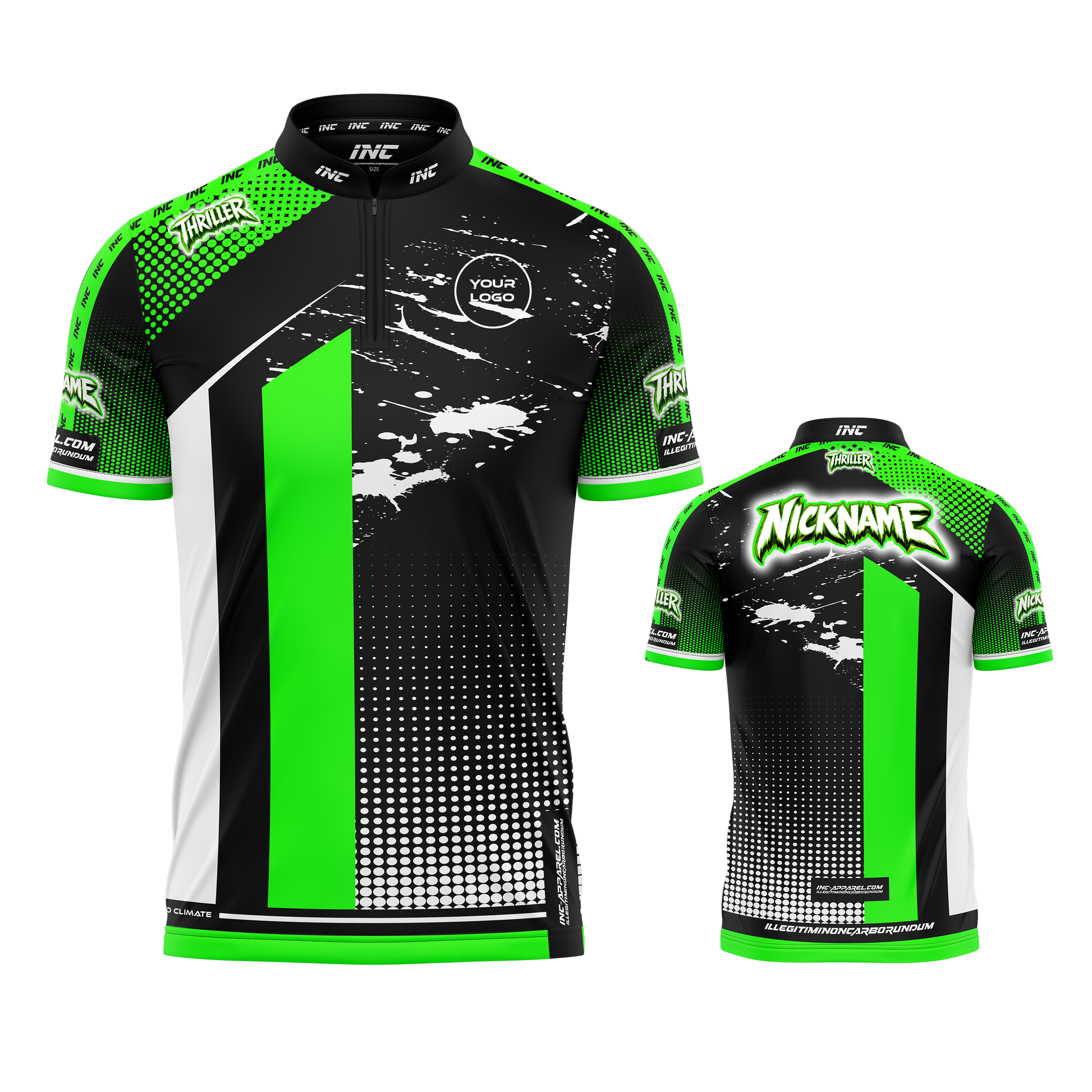 Thriller Neon Green and Black Darts/Pool Shirt from INC-APPAREL – high-impact performance shirt for darts and pool players.