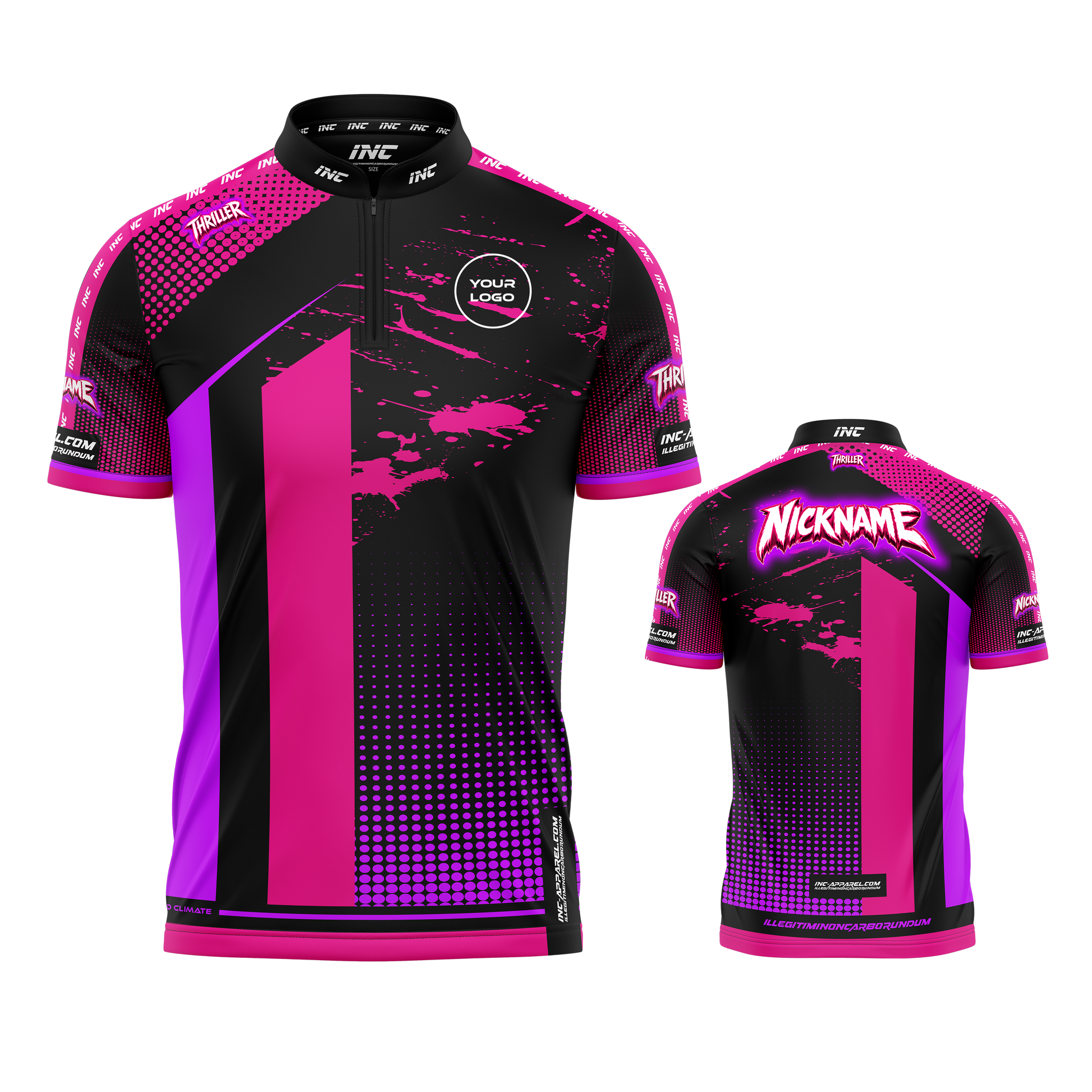 Thriller Pink Purple Black Darts/Pool Shirt from INC-APPAREL – vibrant performance shirt for darts and pool players.