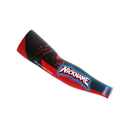 Thriller Red Blue Black Compression Sleeve from INC-APPAREL – performance arm sleeve for darts and pool players.
