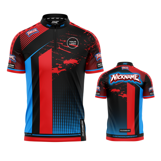 Thriller Red Blue Black Darts/Pool Shirt from INC-APPAREL – performance shirt with bold red, blue and black design for darts and pool players.
