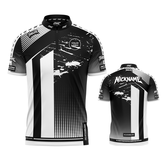 Thriller White and Black Darts/Pool Shirt from INC-APPAREL – clean, professional performance shirt for darts and pool players.
