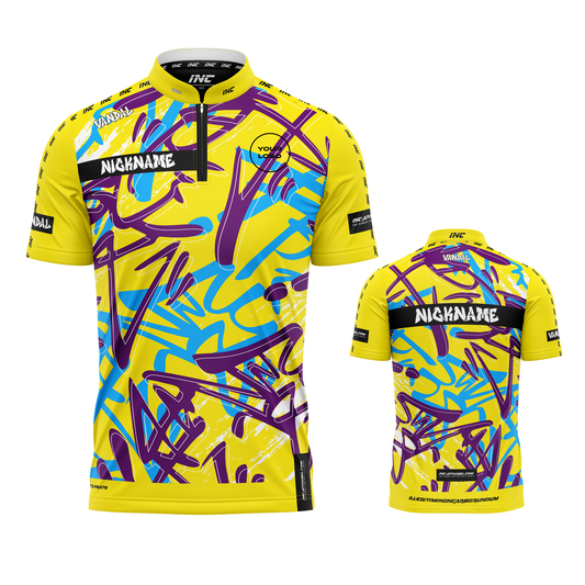 Vandal Flavus Darts Shirt from INC-APPAREL – performance darts shirt with yellow Vandal-themed design.