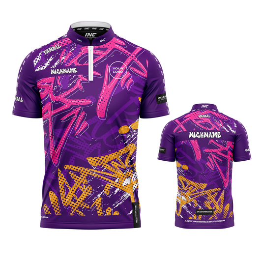 Vandal Purpura Darts Shirt from INC-APPAREL – performance darts shirt with purple Vandal-themed design.