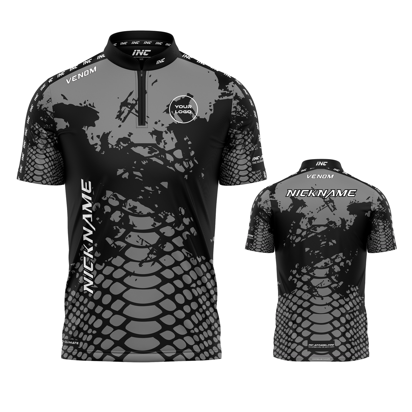 Venom Argentum Darts Shirt from INC-APPAREL – performance darts shirt with silver Venom-themed design.