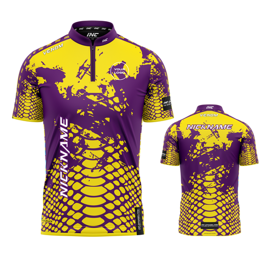 Venom Flavus Purpura Darts Shirt from INC-APPAREL – performance darts shirt with yellow and purple Venom-themed design.