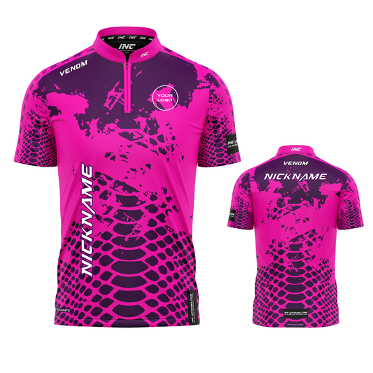 Venom Rosus Purpura Darts Shirt from INC-APPAREL – performance darts shirt with pink and purple Venom-themed design.
