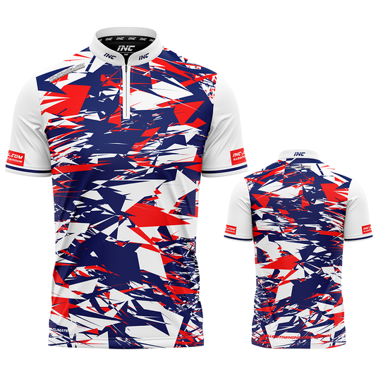 Vesanus red white and blue darts and pool academy shirt front view with patriotic abstract design