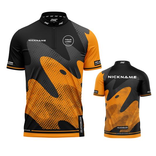 Combined front and back view of the Wacky Amber Black XPRO Collar Custom Pool Shirt from INC-APPAREL