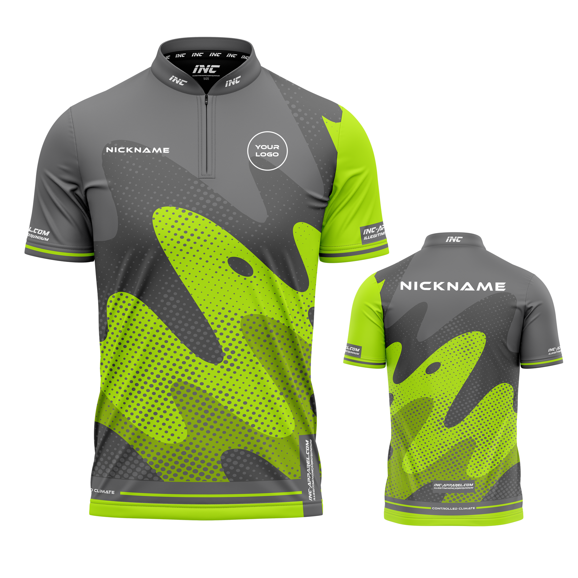 Combined front and back view of the Wacky Black Lime XPRO Collar Custom Pool Shirt from INC-APPAREL