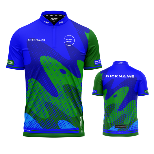 Combined front and back view of the Wacky Blue and Green XPRO Collar Custom Pool Shirt from INC-APPAREL