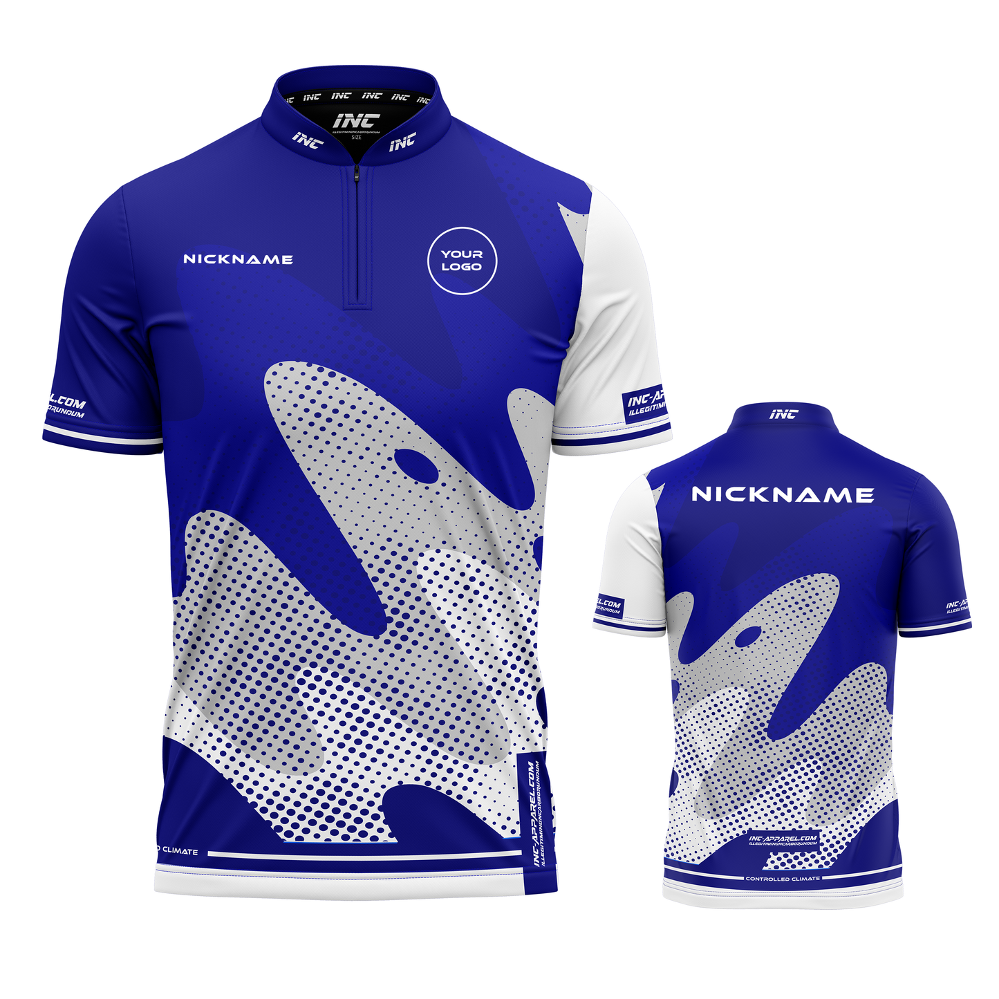 Combined front and back view of the Wacky Blue White XPRO Collar Custom Pool Shirt from INC-APPAREL