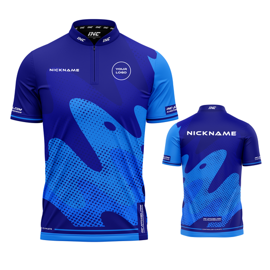 Combined front and back view of the Wacky Blue XPRO Collar Custom Pool Shirt from INC-APPAREL