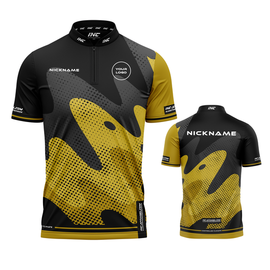 Combined front and back view of the Wacky Gold Black XPRO Collar Custom Pool Shirt from INC-APPAREL