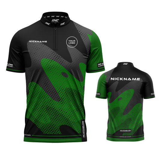 Combined front and back view of the Wacky Green Black XPRO Collar Custom Pool Shirt from INC-APPAREL