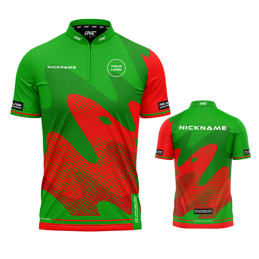 Combined front and back view of the Wacky Green Red XPRO Collar Custom Pool Shirt from INC-APPAREL