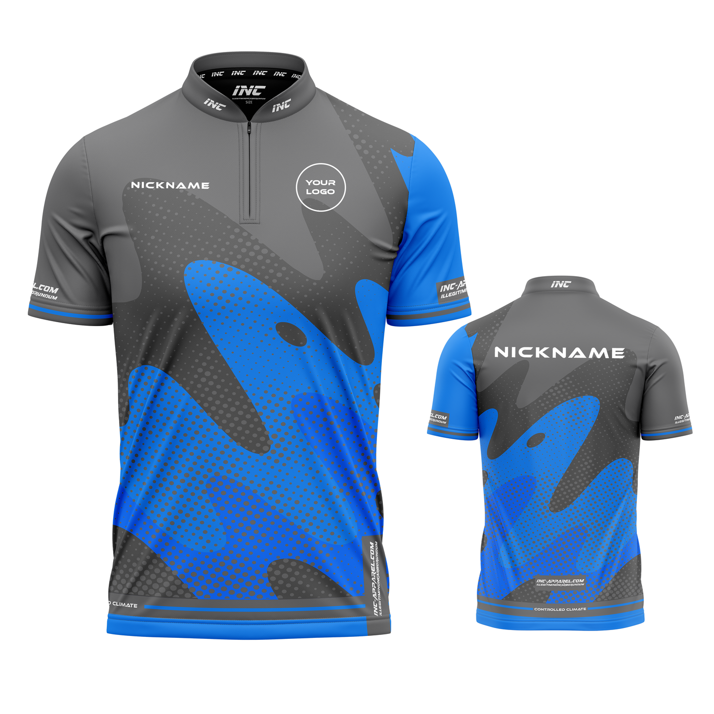 Combined front and back view of the Wacky Grey Blue XPRO Collar Custom Pool Shirt from INC-APPAREL