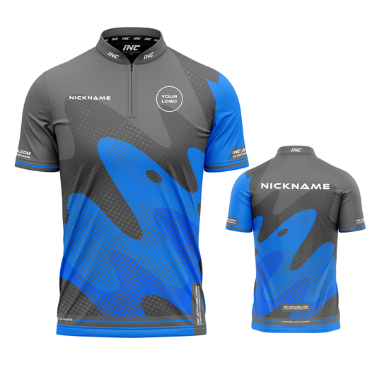 Combined front and back view of the Wacky Grey Blue XPRO Collar Custom Pool Shirt from INC-APPAREL
